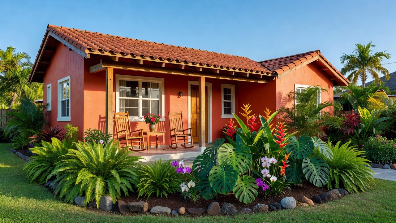 Imagen ilustrativa: casa residencial en un barrio de Puerto Rico con jardín tropical y cielo azul