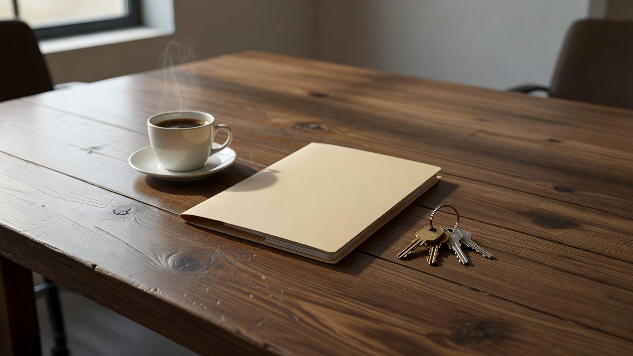 Imagen ilustrativa: mesa de reunión con carpeta de documentos, llaves y una taza de café