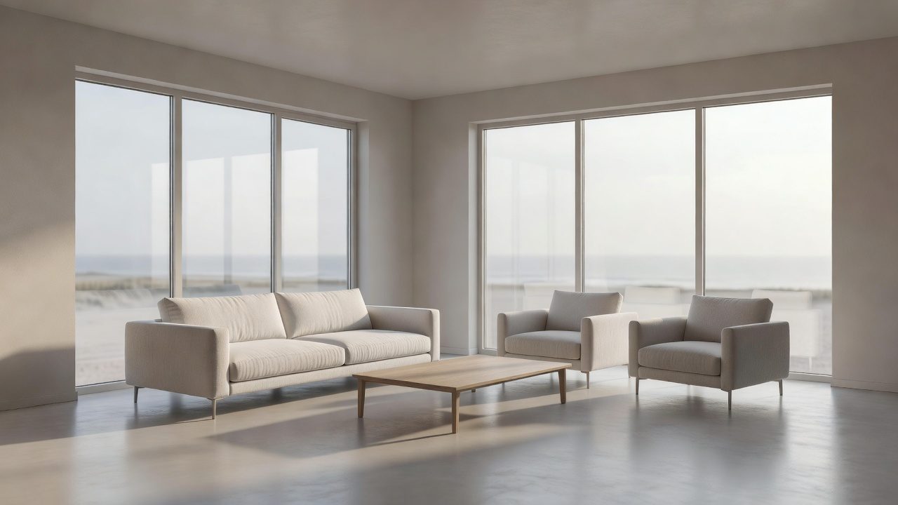 Imagen ilustrativa: sala luminosa de apartamento con ventanales y vista urbana