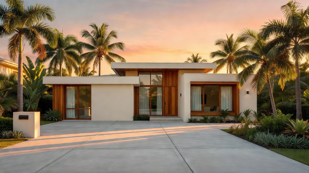 Imagen ilustrativa: fachada de casa moderna en Puerto Rico con patio y palmas al atardecer