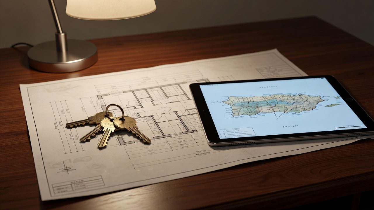 Imagen ilustrativa: llaves de casa sobre planos y una tableta con mapa de Puerto Rico